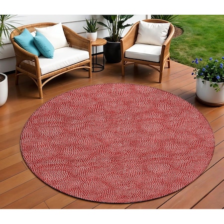 Homeroots 8' Red And Ivory Round Geometric Washable Indoor Outdoor Area Rug 602391