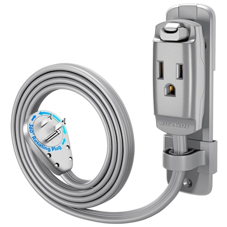 Maximm 6ft 14AWG Heavy Duty AC Extension Cord, 360 degrees Flat Plug, Gray ADW-S360-C6F06-14G0-WM
