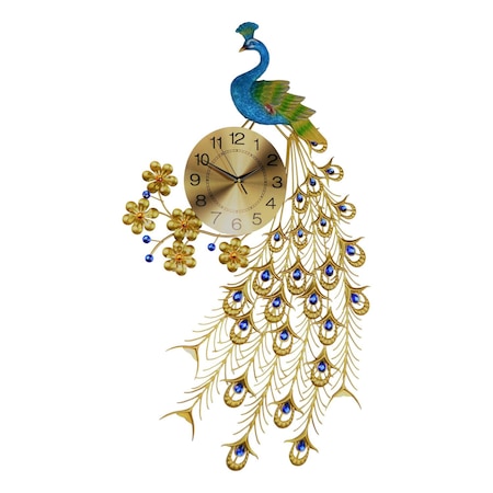 Homeroots 21" Blue Green And Gold Metal Silent Analog Peacock Novelty Wall Clock 626374