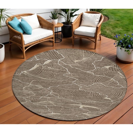 Homeroots 8' Brown And Ivory Round Abstract Washable Indoor Outdoor Area Rug 601040