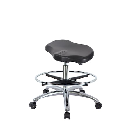 Blue Ridge Ergonomics Poly ESD Ray Sit-Stand Stool Chr-Medium Bench Ht with Chr Foot Ring&ESD Casters in ESD Black Poly ESD-PRPMBSO-CR-CF-EC