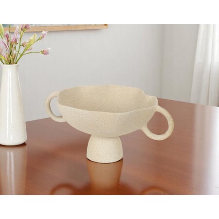 Homeroots 11" Beige Cast Aluminum Round Pedestal Centerpiece Bowl With Handles 609352