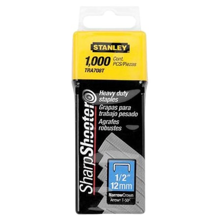 Stanley Heavy Duty Staples, 24 ga, Narrow Crown, 1/2 in Leg L, Steel, 1000 PK TRA708T