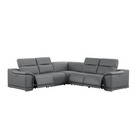 Homeroots Battleship Gray Leather Power Reclining L Shaped Five Piece Corner Sectional 643950