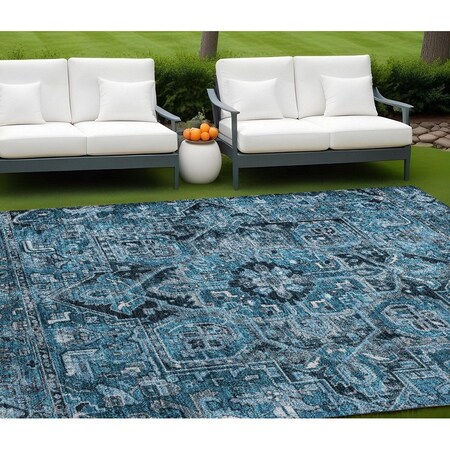 Homeroots 8' X 10' Denim and Gray Oriental Washable Non Skid Indoor Outdoor Area Rug 563751