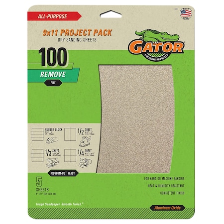 Gator Finishing 9 x 11 Project Pack Dry Sanding Sheets, 100 Grit, Fine, 5PK 4441