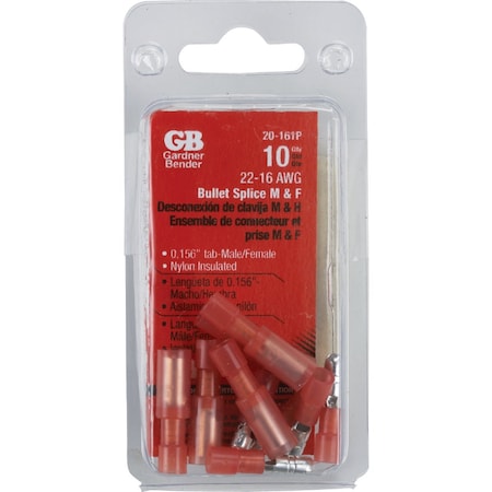 Gardner Bender 22 to 16 AWG Male/Female Fully-Insulated Bullet Connector Pair, 10PK 20-161P