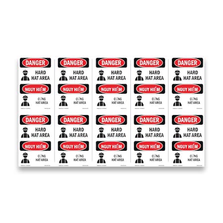 Signmission OSHA Sign, Hard Hat Area Bilingual, 5in X 3.5in Decal, 10PK, 3.5" W, 5" H, Hard Hat Area Bilingual OS-DS-D-35-VV-1292-10PK