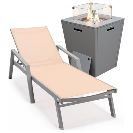Leisuremod Marlin Grey Aluminum Patio Chaise Lounge Chair With Arms & Square Fire Pit Table, Light Brown MLAGRCF21-77LBR