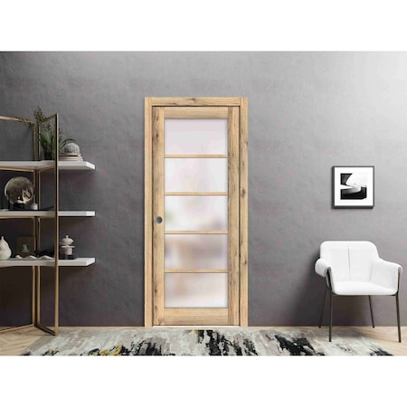 Sartodoors Sliding French Pocket Door with Frosted Glass Oak 32x80 Solid Core Modern Interior QUADRO4002PD-DUB-32