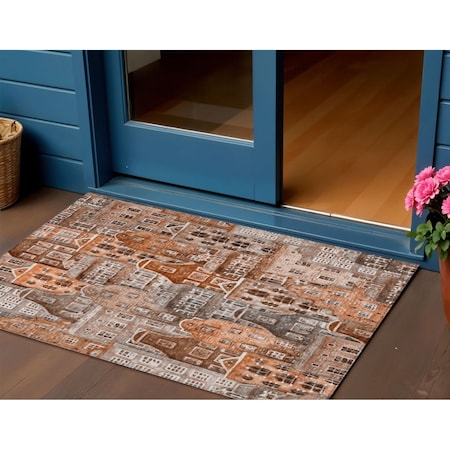 Homeroots 3' X 5' Orange Copper And Salmon Village Houses Washable Indoor Outdoor Area Rug 577865