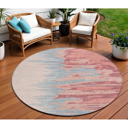 Homeroots 8' Coral Pink And Gray Round Abstract Washable Indoor Outdoor Area Rug 601196