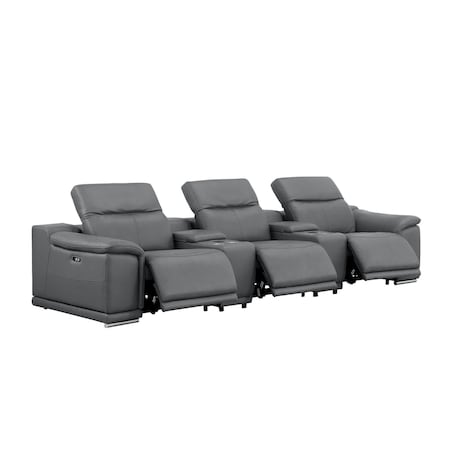 Homeroots 134" Dark Gray Top Grain Leather Reclining USB Sofa And Storage 643716