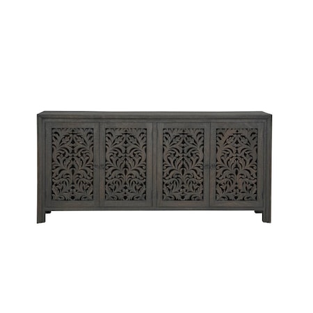 Homeroots 78in Black Distressed Solid Wood Carved Floral Sideboard with Four Doors 569595