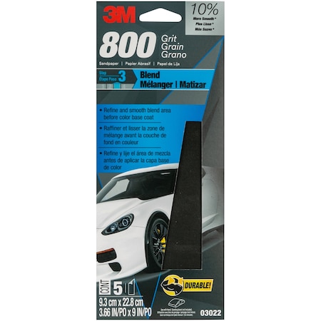 3M Wetordry Sandpaper 03022, 3-2/3 in x 9 in, 800 Grit, 5/Pack, 20PK 3022