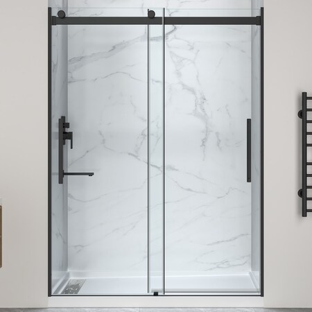 Anzzi 76'' x 57-60'' Sliding Frameless Shower Door in Matte Black with Alcove Shower Base, Left Drain SD-5902303L-MB