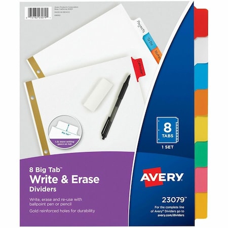 Avery Dennison Write & Erase Index Dividers 8-1/2 x 11", 8 Tab, Multicolor, PK8 23079