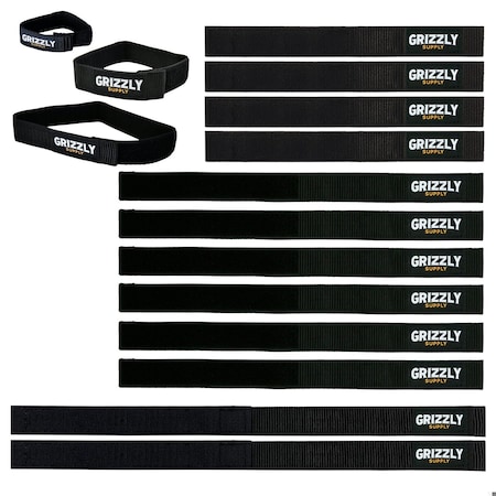 Grizzly Supply Bundle Strap, 9, 12, 16 in L, 1 in W, Hook and Loop Closure, Reusable, Black, 12PK GS-HLBS9x12x16-0