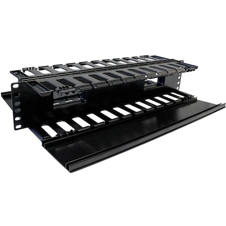 Quest Mfg Horizontal Large Finger Duct With Hinged Cover, 70-90 Cables, 2U, 19", Black HF19-02-70H