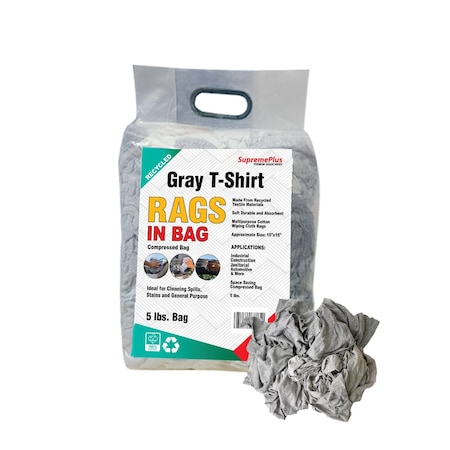 Supremeplus Recycled Gray Knit T-Shirt Cleaning Rags, 5 lbs. Bag SP-0394