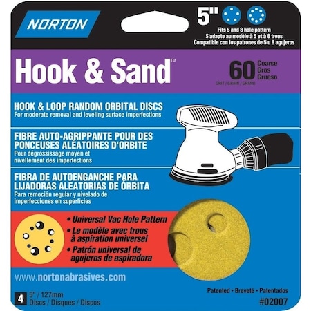Norton Co 0 Sanding Disc, 5 in Dia, Coated, P60 Grit, Coarse, Aluminum Oxide Abrasive, Universal Vacuum 2007