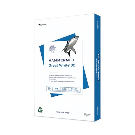 Hammermill/Hp Great White 30 Recycled Print Paper, 92 Bright, 20 lb Bond Weight, 11 x 17, White, 500 Per Ream, 1 PK 86750