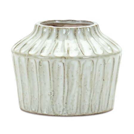 Homeroots 6" Ivory Ribbed Round Terracotta Table Vase 516244