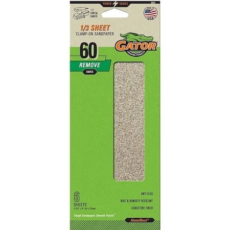 Gator Sanding Sheet, 3-2/3 in W, 9 in L, 60 Grit, Coarse, Aluminum Oxide Abrasive, Paper Backing 5043