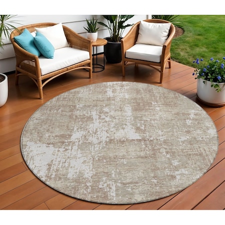 Homeroots 8' Taupe And Ivory Round Abstract Washable Indoor Outdoor Area Rug 598006