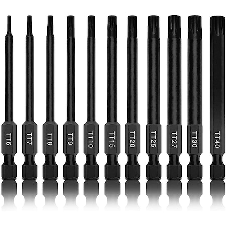 Neiko Torx Head Drill Bit Set, 11-Piece Sizes TT6 to TT40, 3 Quick Release Shanks, S2 Steel 01149A