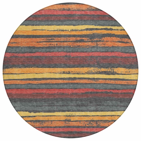 Homeroots 8' Granite Gray Copper And Yellow Round Striped Washable Indoor Outdoor Area Rug 598892
