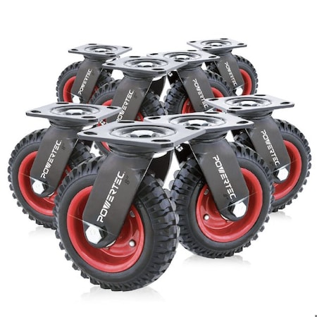 Powertec 8'' Caster Wheels, Heavy Duty Swivel Plate Casters with Rubber Knobby Tread, 8PK 17051-P8N