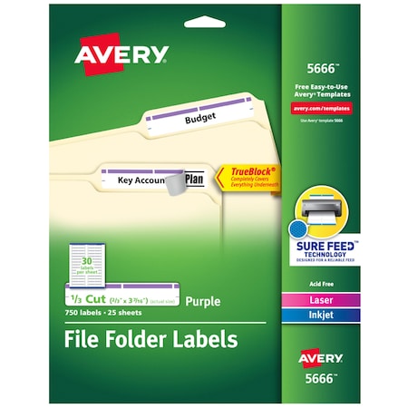 Avery File Folder Label, 21/32" Label W, 30 Labels per Sheet Purple 5666