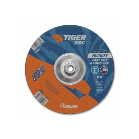 Weiler Tiger Grinding Wheel, 9 in dia x 1/4 in Thick x 5/8 in-11 Arbor, 24 Grit, Zirconia Alumina, Type, 10PK 804-68385