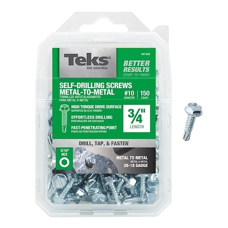 Teks Self-Drilling Screw, #10 x 3/4 in, Zinc Plated Steel Flange Hex Head External Hex Drive 21320