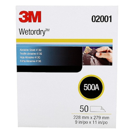 3M Sanding Sheet, 11" L x 9" W, 500 Grit, PK50 7000118291