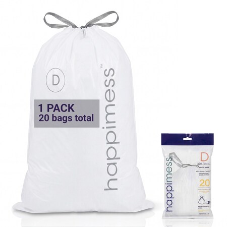 Happimess 8-Gallon 30L Drawstring Unscented Slim Trash Can Liner, White, 20-Count, 1-Pack of 20 Liners HPM3000D-W-1SET