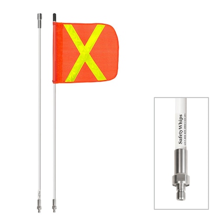 Safetywhips Warning Whip Heavy Duty Whip with Flag, White Whip, Orange Flag, Yellow Reflective X, 96 Length SW08QDNP2-SXY