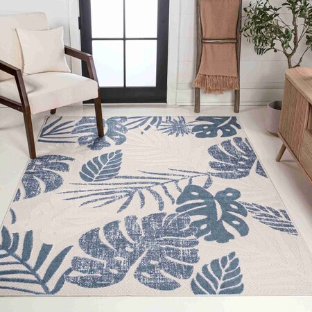 Jonathan Y Monstera Tropical Leaf High-Low Cream/Dark Blue 5 ft. x 8 ft. Indoor/Outdoor Area Rug AMC113E-5