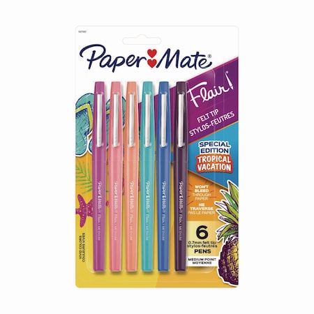 Paper Mate Flair Felt Tip Porous Point Pen, Stick, Medium 0.7 mm, Assorted Ink and Barrel Colors, 6PK 1927997