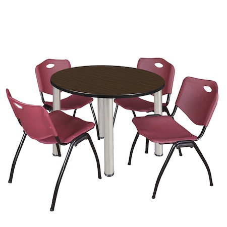 Regency Round Kee Breakroom Table W/ 4 M Stack Chairs, 36 in W, 36 in L, Neo Walnut TB36RNDNWBPCM47BY