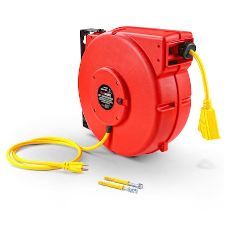 Reelworks cabel reel with 12AWGX3C, SJT 65ft yellow cord line, S3 Triple outlet CR625201S3A