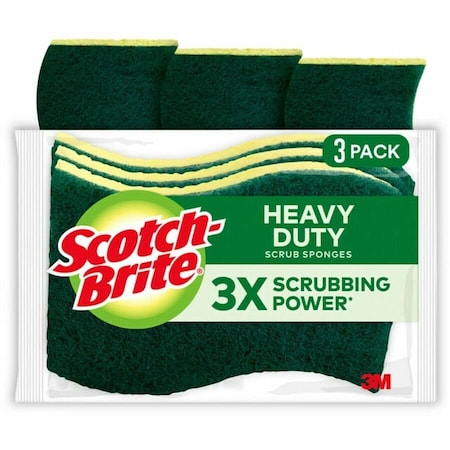 Scotch-Brite Heavy-Duty Scrub Sponge, 4 1/2 x 2 7/10 x 3/5 Green/Yellow, PK3 HD-3