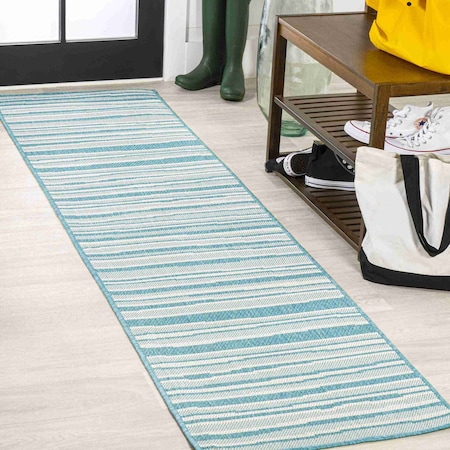 Jonathan Y Castara Wavy Stripe Modern Aqua/Cream 2 ft. x 8 ft. Indoor/Outdoor Runner Rug SMB205A-28