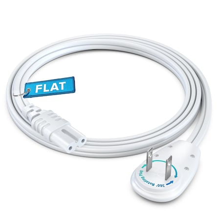 Maximm 3ft 2-Prong TV Power Cord, 360 degrees Flat Plug, Non-Polarized UL, White ADW-90A-C7F03-16W0