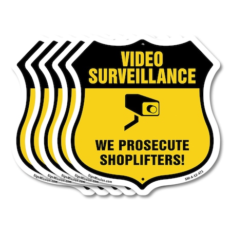 Signmission Video Surveillance Shield Sign We Prosec, 12 inch X 12 inch, Aluminum Metal Sign, 5PK SHI-A-5Pack-12-471