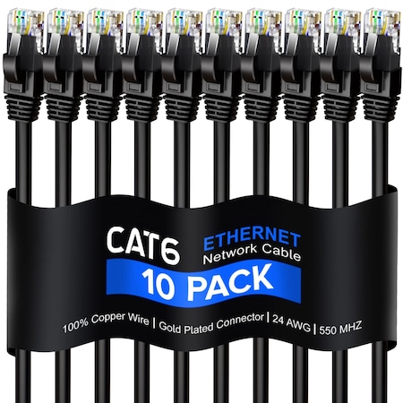 Maximm Cat6 Ethernet Cable 0.9ft 10Gbps 550MHz UTP, 10PK, Black, 10PK CAT6-0.9FT-BLACK-10PK