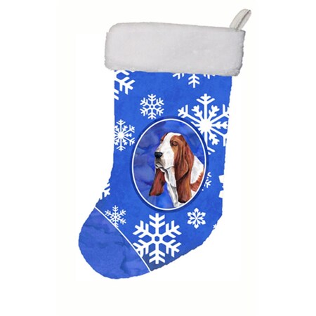 Carolines Treasures 11 x 18 in. Basset Hound Winter Snowflakes Christmas Stocking SC9372-CS