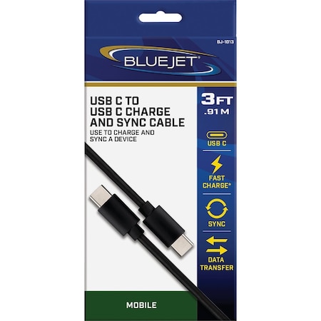 Blue Jet 3 Ft. Black Type-C USB to Type-C USB Charging & Sync Cable BJ-1013