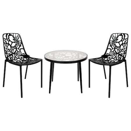 Leisuremod Devon 3-Piece Aluminum Patio Dining Set, Tempered Glass Top Table & 2 Stackable Chairs, Black DT20CBL